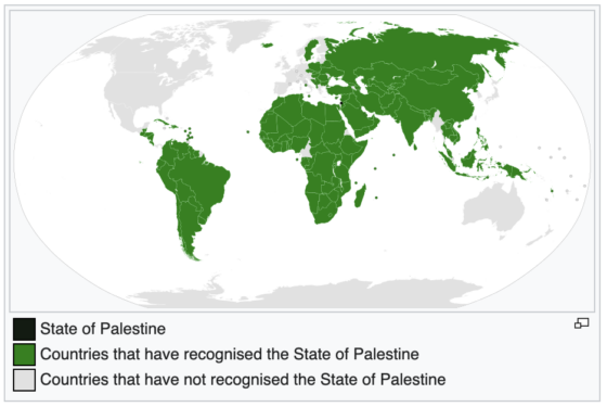 Εικόνα 2. Χώρες που αναγνωρίζουν (πράσινο) το παλαιστινιακό κράτος (μαύρο) και που δεν το αναγνωρίζουν (γκρι). Πηγή: Wikipedia. Παρατηρήστε ότι οι χώρες που δεν αναγνωρίζουν την Παλαιστίνη ταυτίζονται σχεδόν απόλυτα με τις χώρες πολύ υψηλού, κατά κεφαλή, ΑΕΠ στην Εικόνα 1.