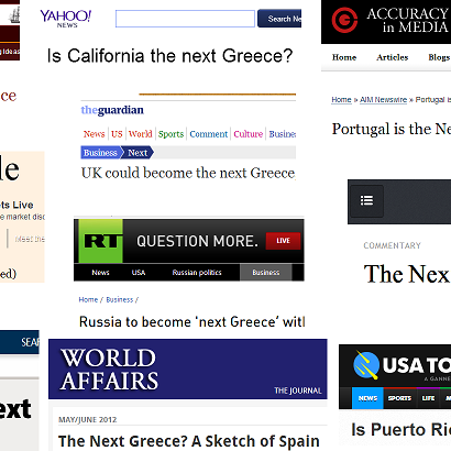 News site headlines featuring the “next Greece” trope for various other locales